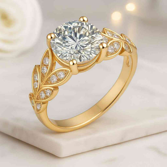 18K Gold Gems Bridal Ring Promise Ring Lab Grown Diamond Engagement Ring 18K Yellow Gold Leaf Bridal Ring