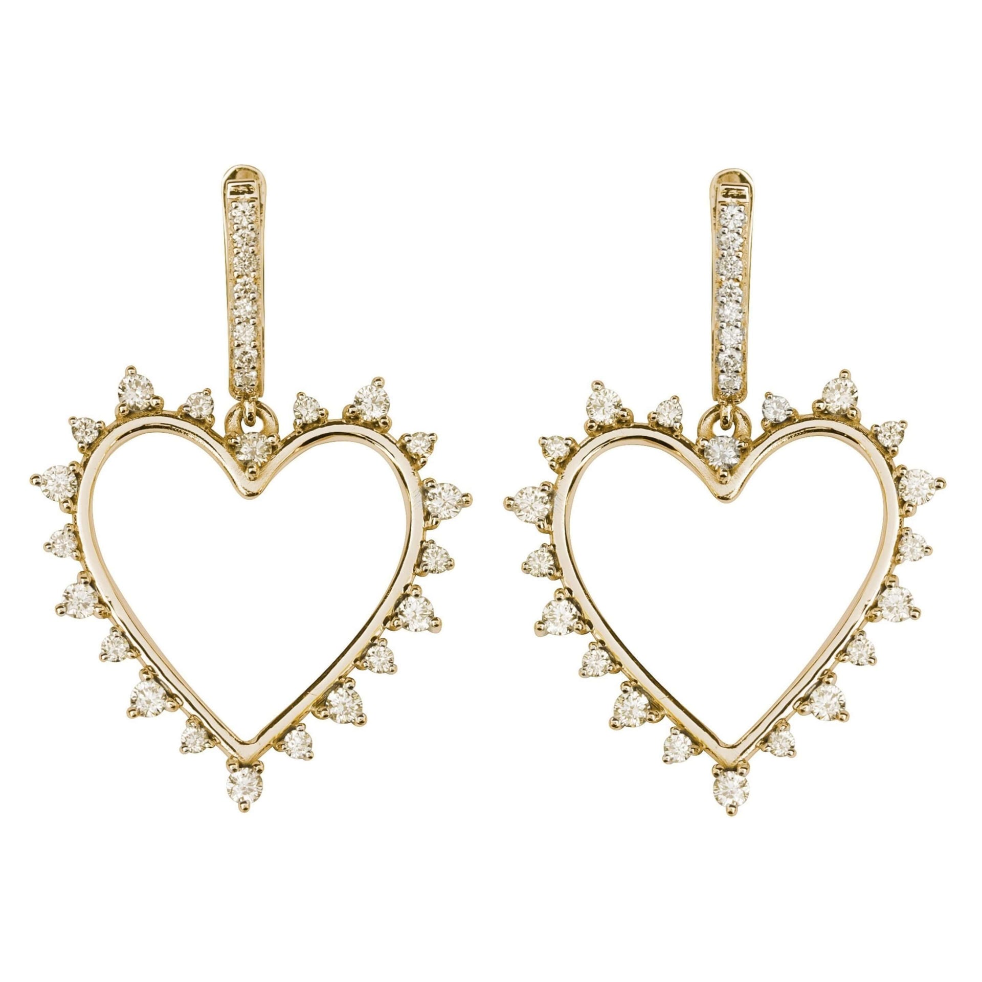 18K Heart Shaped Round Cut Diamond Hoop Earrings