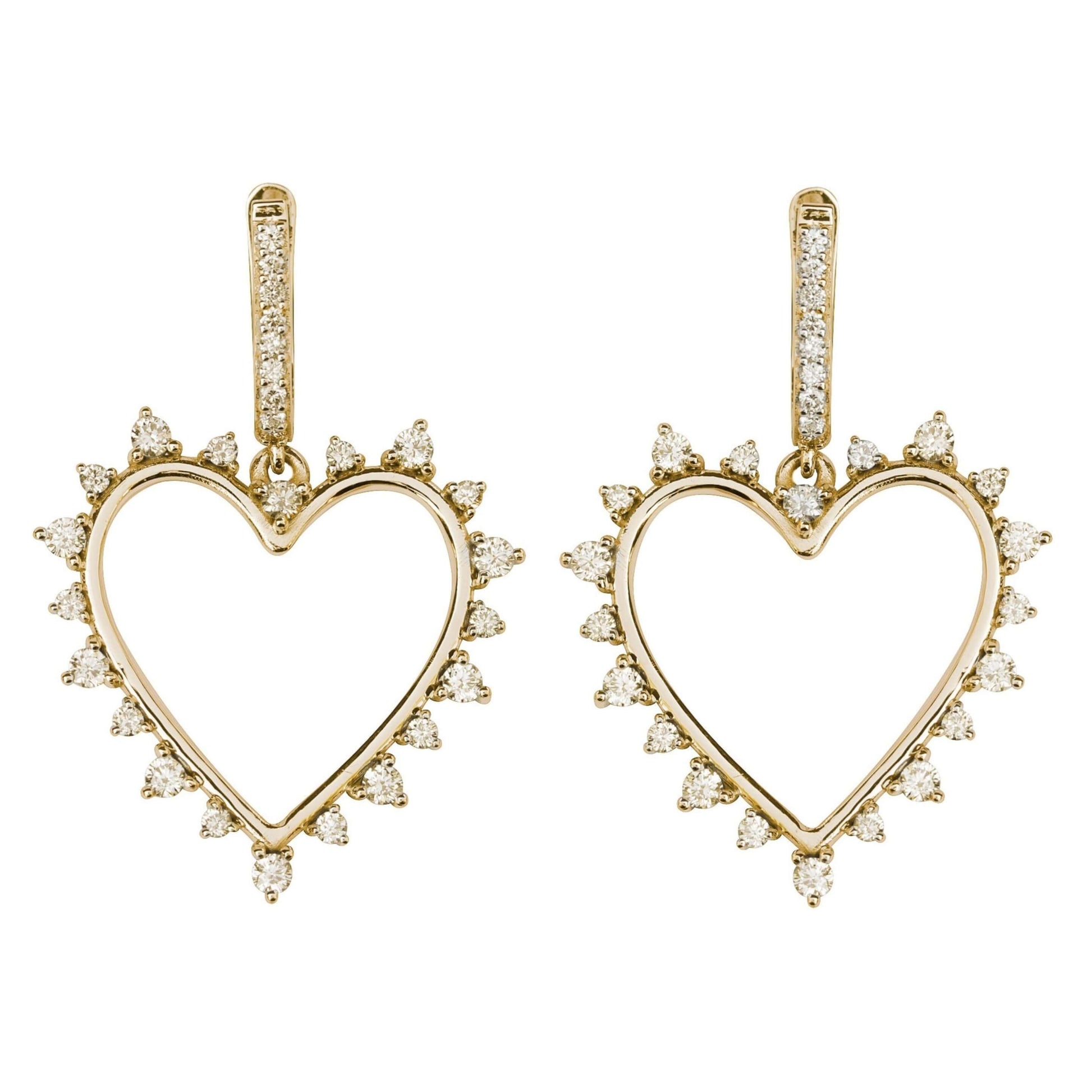 18K Heart Shaped Round Cut Diamond Hoop Earrings