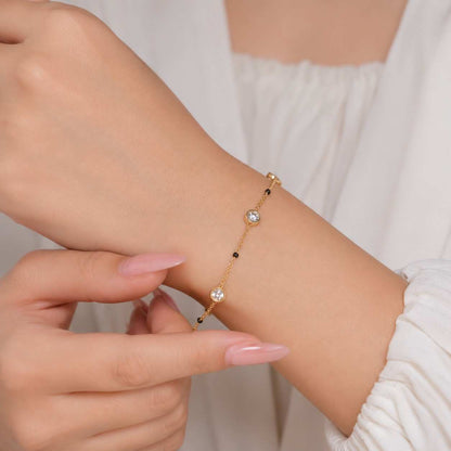 18K Solid Gold Diamond Station Bracelet | Dainty Round Diamond Chain Fine Jewelry
