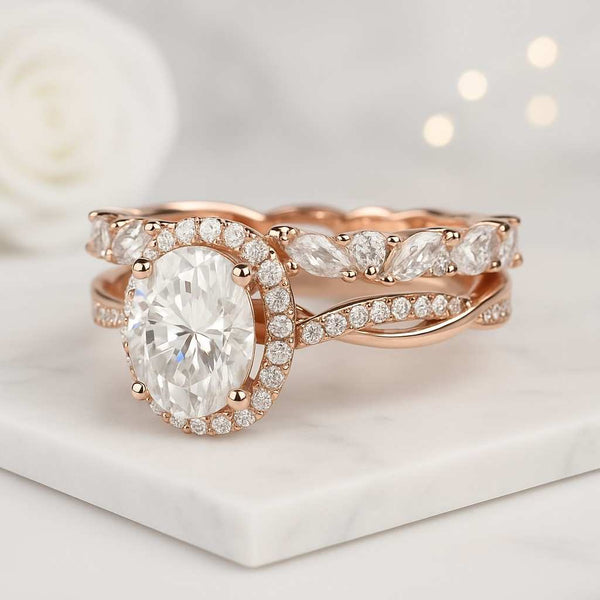 18K Solid Gold with Oval Full Eternity Promise Band Oval Cut Moissanite Wedding Bridal Set