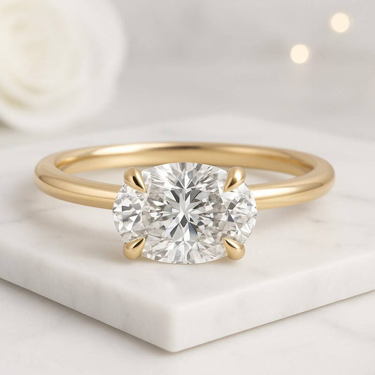 18K Solid Yellow Gold Anniversary Ring East West Oval Cut Lab Diamond Engagement Ring