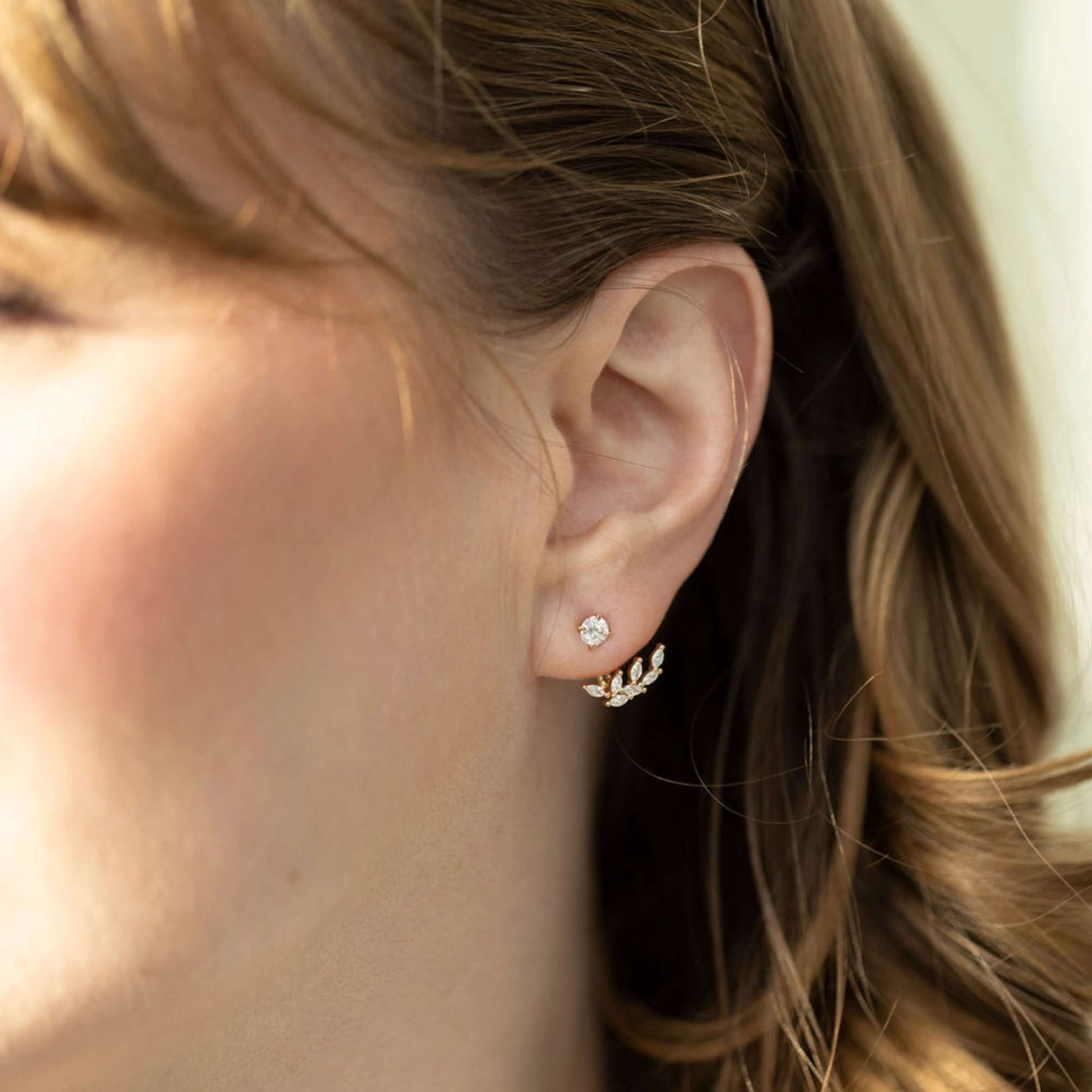 18k Yellow Gold Leaf Front Back Ear Jacket Earring