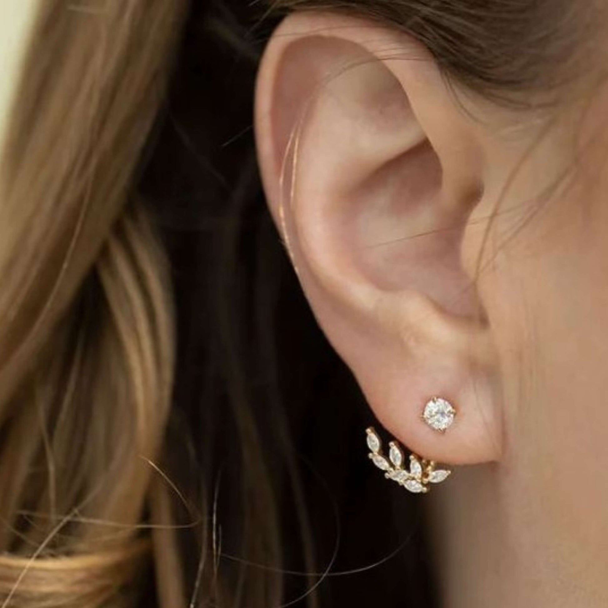 18k Yellow Gold Leaf Front Back Ear Jacket Earrings