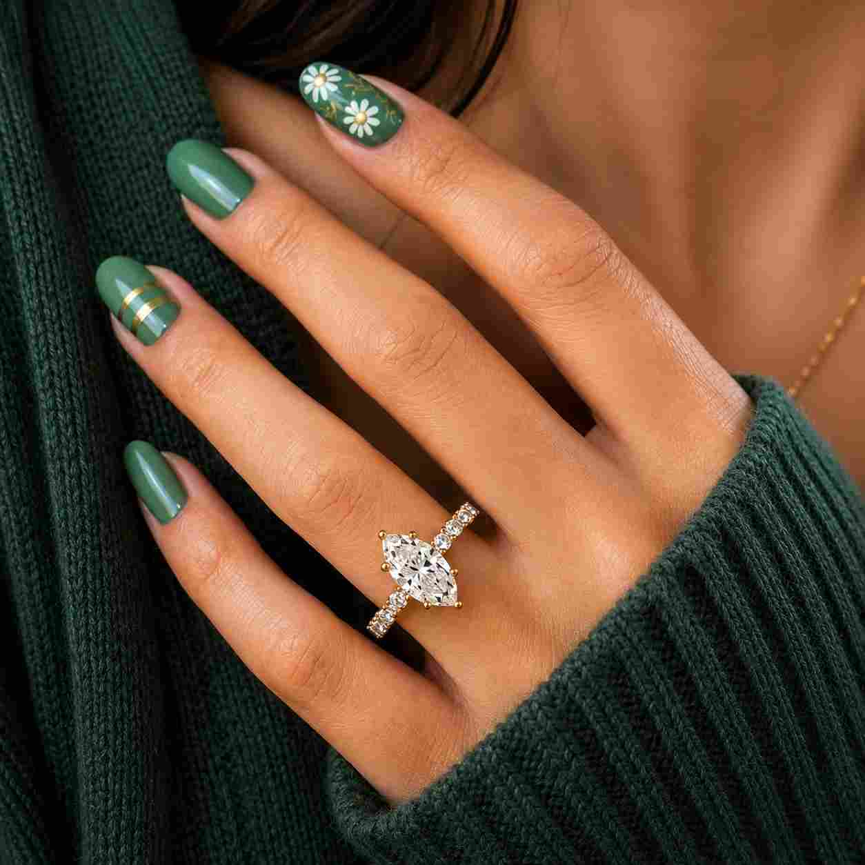 2.5 carat e color vvs2 clarity igi certified marquise cut lab grown diamond solitaire engagement ring with hidden halo of round diamonds
