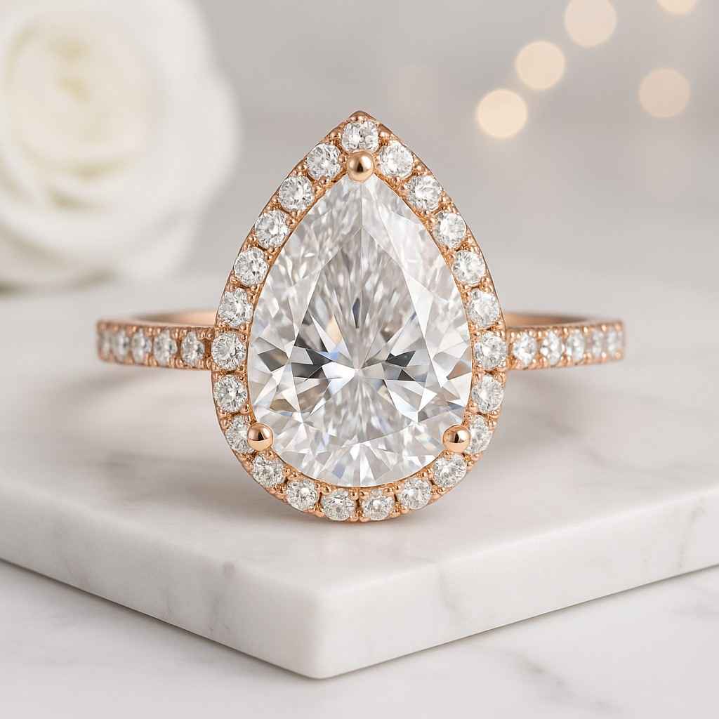 2ct Pear Cut Tear Drop Wedding Anniversary Ring in Two Tone 14k Gold