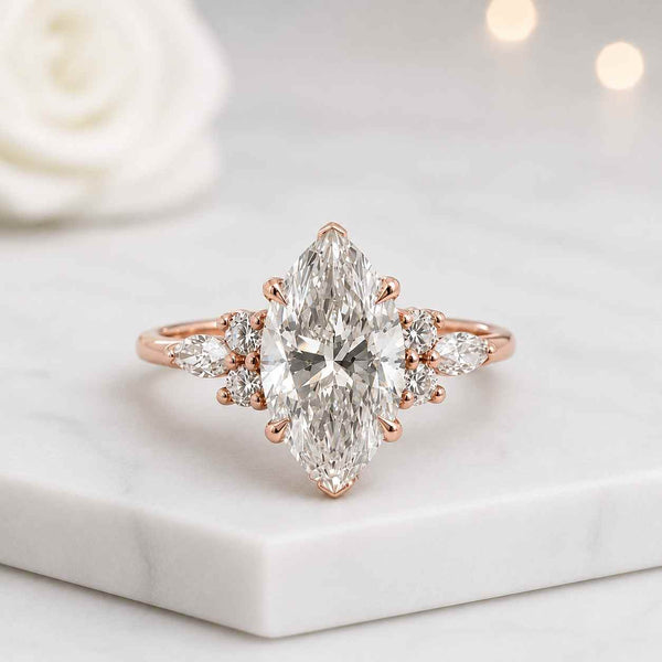 3 CT Marquise Cut Lab Grown Diamond Engagement Ring, 14K Solid Gold Marquise Bubble Band Side Stone Marquise & Round Hidden Halo Gift Ring
