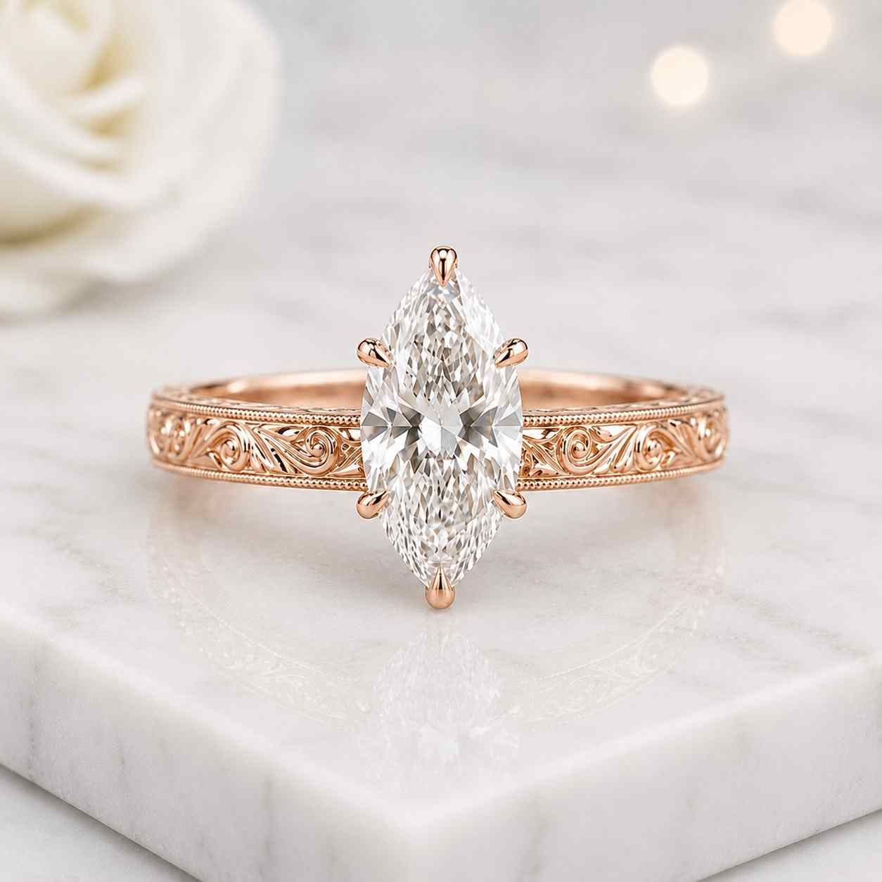 3 ct marquise lab grown diamond ring | hidden halo engagement ring | vintage floral engraved band | cathedral gold ring
