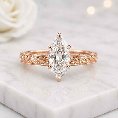 3 CT Marquise Lab Grown Diamond Ring | Hidden Halo Engagement Ring | Vintage Floral Engraved Band | Cathedral Gold Ring