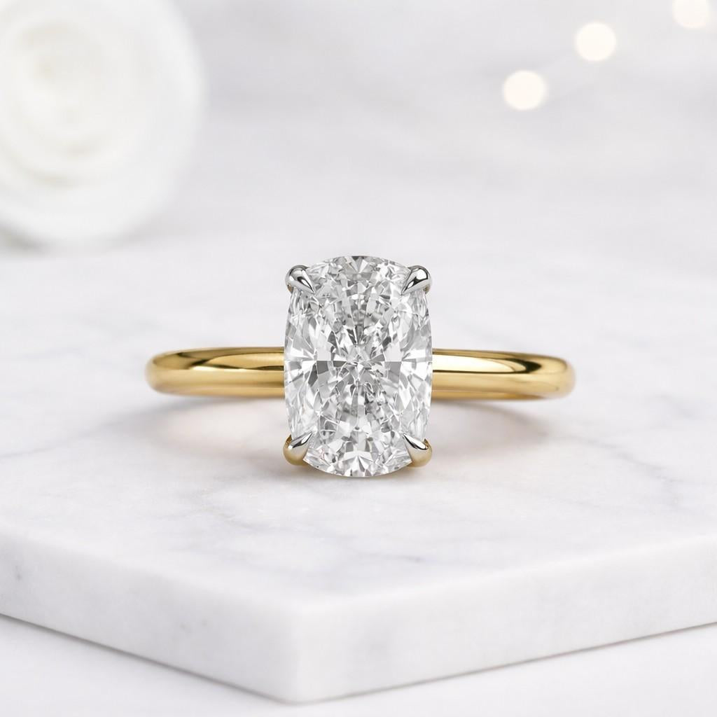 3 carat elongated cushion lab grown diamond cathedral engagement ring