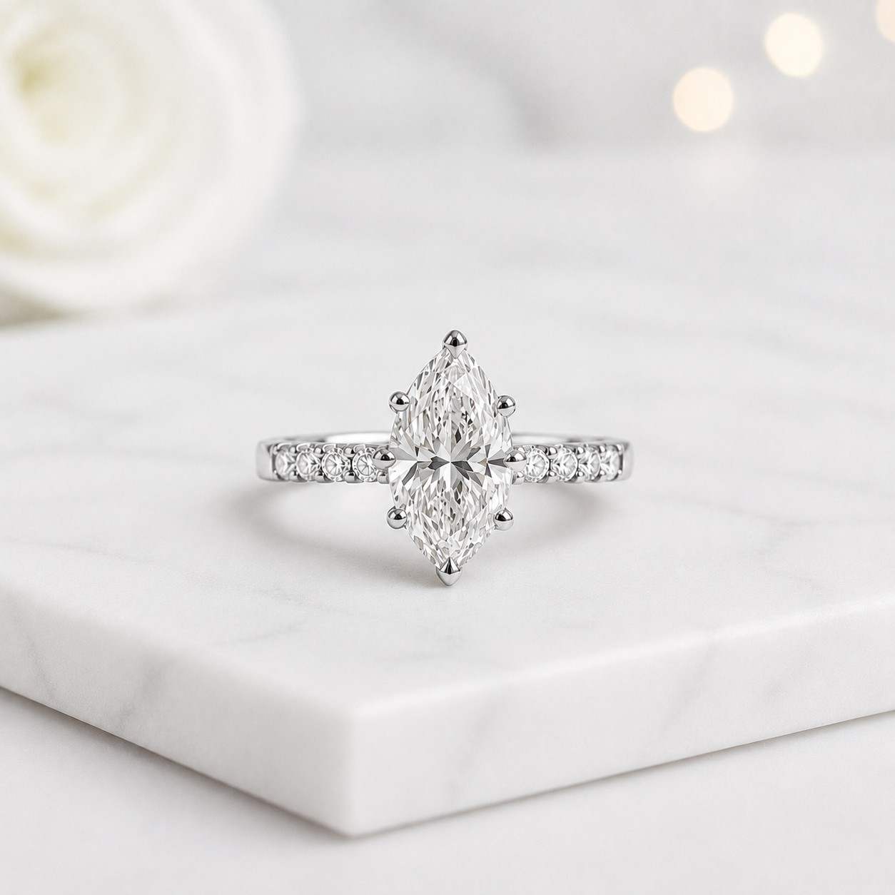 4.1 carat e color vvs2 clarity igi certified marquise cut lab grown diamond solitaire hidden halo engagement ring 14k yellow gold
