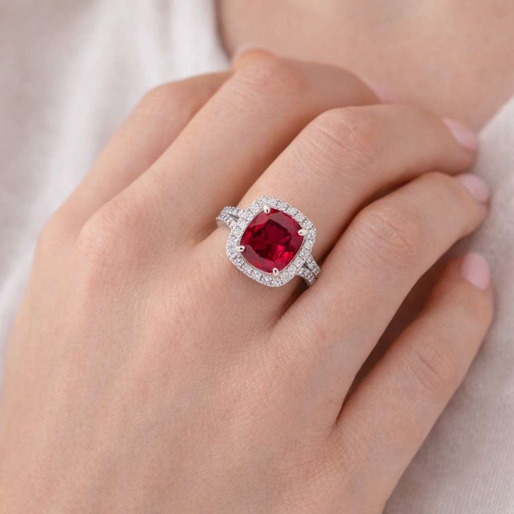 4 Carat Cushion Red Ruby Engagement Ring Ruby Cushion Halo Ring