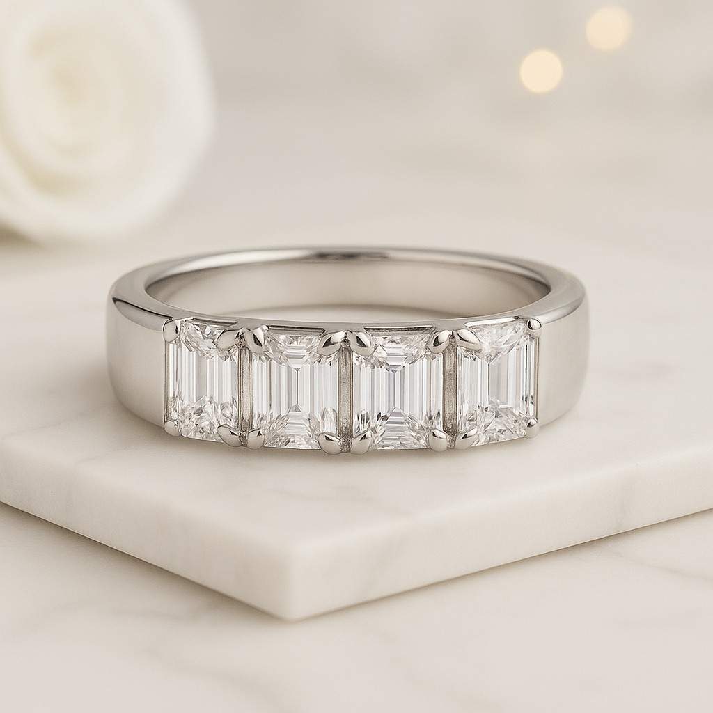 7 Stone Diamond Ring Genuine Emerald Cut Diamond Anniversary Ring Prong Setting Ring