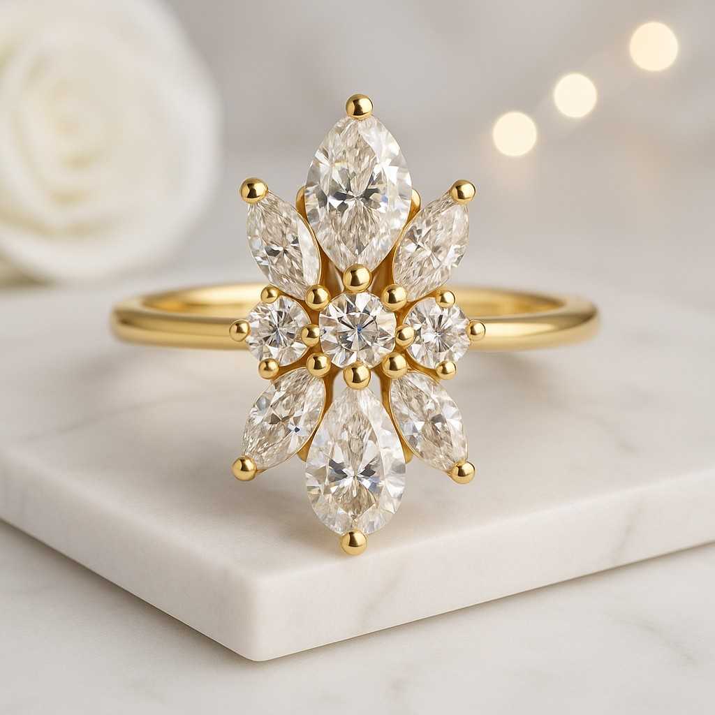 Anniversary Gift for Her Marquise Cut Lab Grown Diamond Ring Three Stone Ring