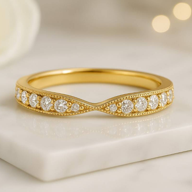 art deco curved wedding band solid 10k/14k white gold curved ring for women chevron stacking band for her curved matching band  