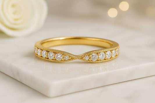 Art Deco Curved Wedding Band Solid 10K/14K White gold Curved Ring For Women Chevron Stacking Band For Her Curved Matching Band  