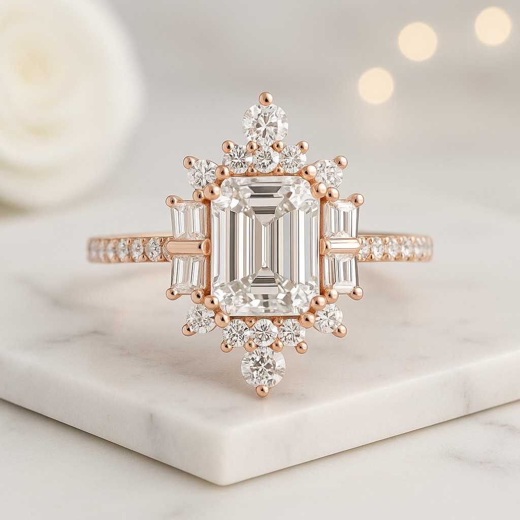 baguette diamond halo wedding ring 14k solid gold emerald cut halo engagement ring