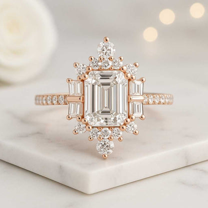 Baguette Diamond Halo Wedding Ring 14K Solid Gold Emerald Cut Halo Engagement Ring