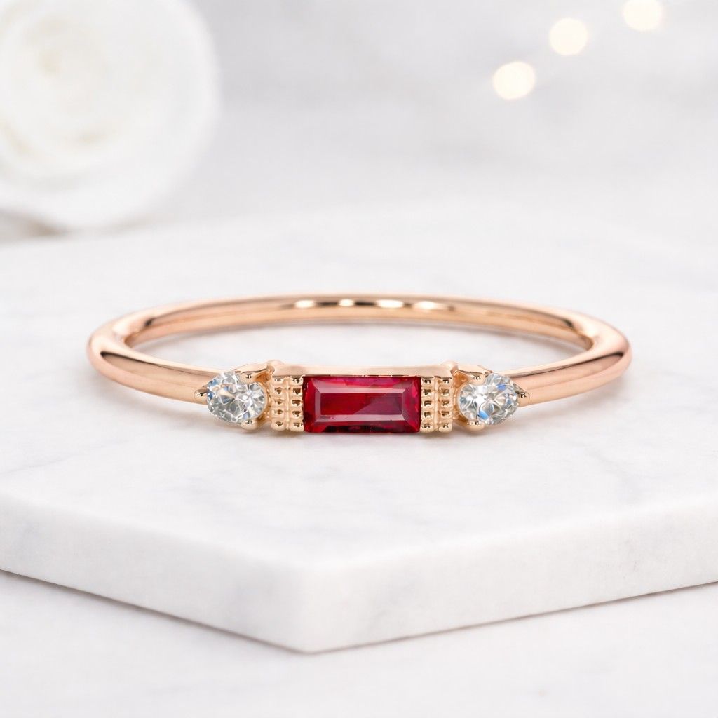 Baguette Ruby Ring, 14k Yellow Gold Minimalist Ring With Side Oval Diamond Three Stone Ring