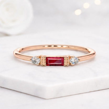 Baguette Ruby Ring, 14k Yellow Gold Minimalist Ring With Side Oval Diamond Three Stone Ring