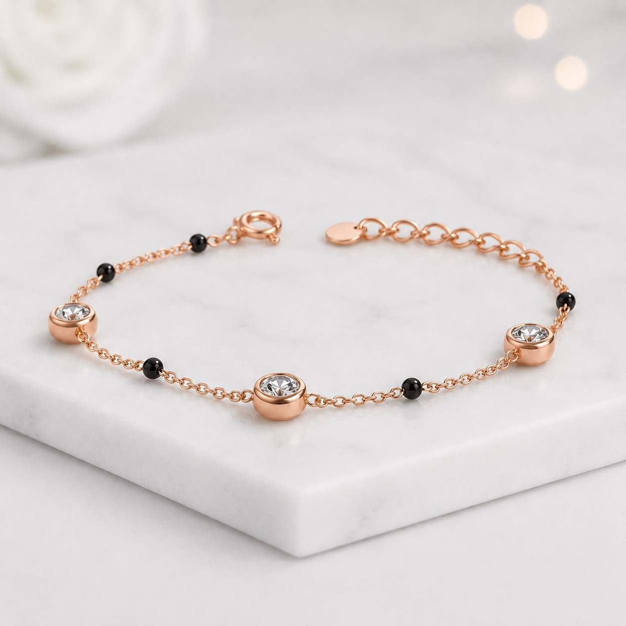 black diamond bracelet, beaded gold bracelet, 14k solid gold chain with 3mm natural diamonds, diamond stations on dainty gold chain, poppy
