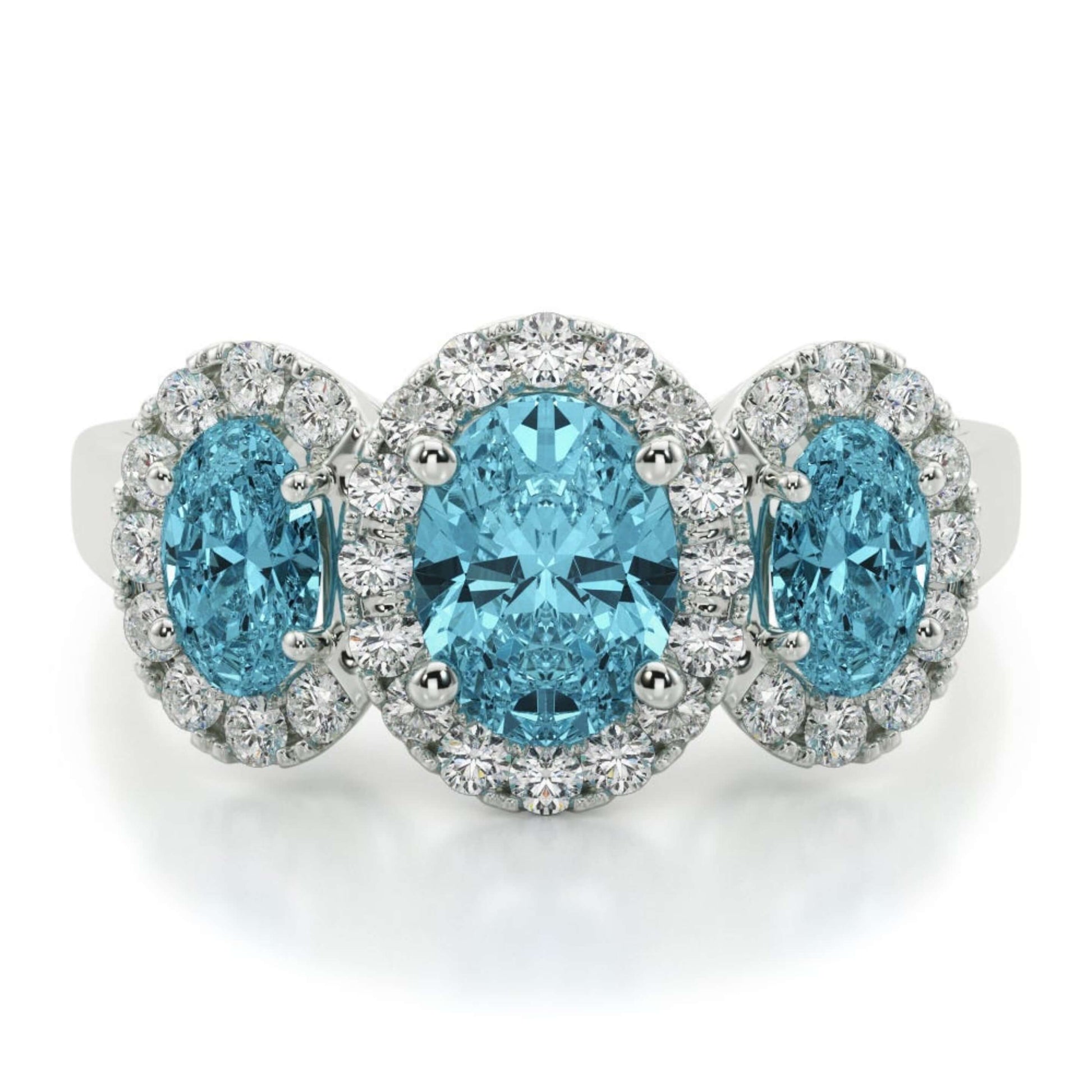 Blue Oval Cut Lab Diamond Three Stone Ring