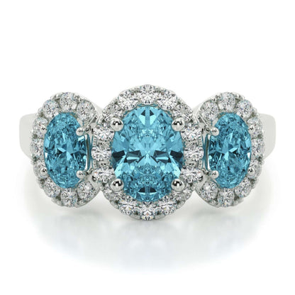 Blue Oval Cut Lab Diamond Three Stone Ring