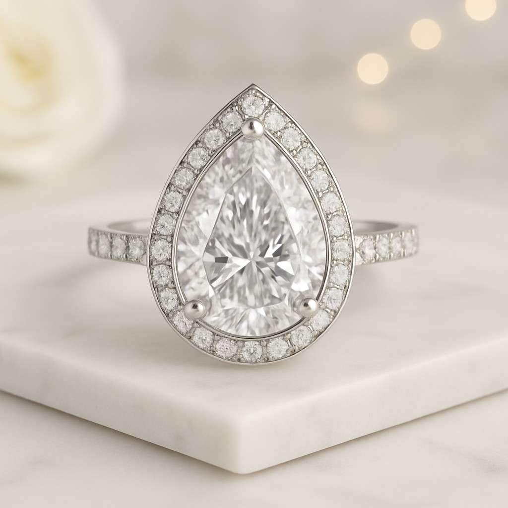 Christmas Gift for Women Pear Cut Hidden Halo Engagement Ring Lab Grown Diamond IGI Certified