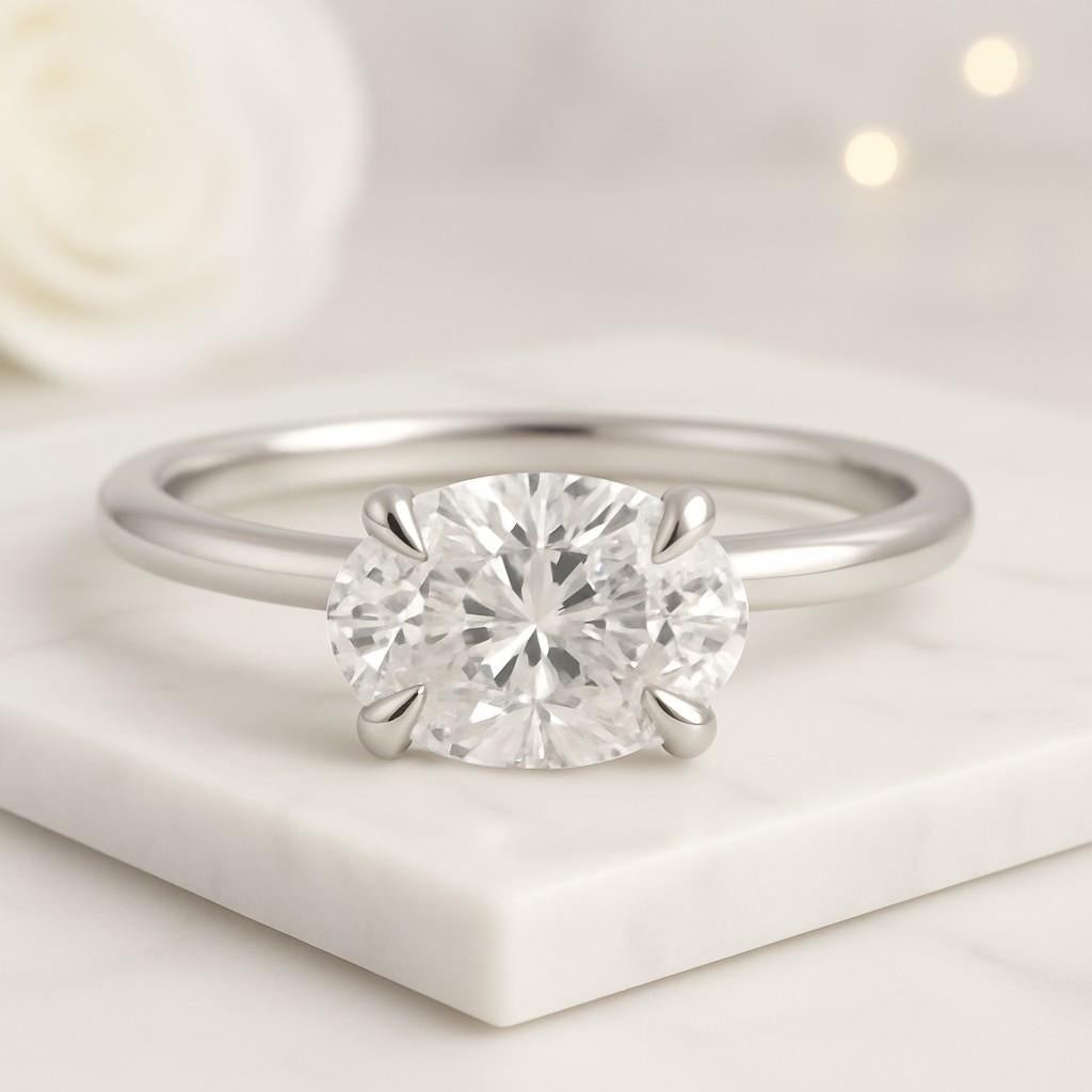 Classic Bezel Set Wedding Ring Oval Cut Lab Grown Engagement Ring East West Diamond Ring