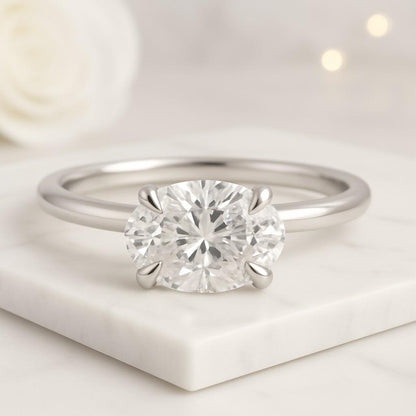 Classic Bezel Set Wedding Ring Oval Cut Lab Grown Engagement Ring East West Diamond Ring