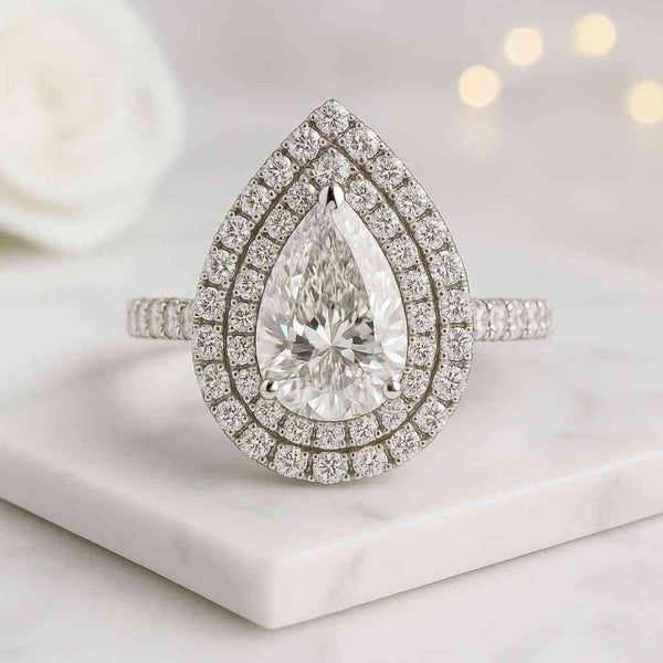 Colorless Pear And Round Cut Diamond Womens Ring Double Halo Teardrop Ring