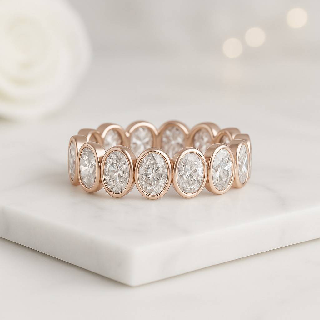 Oval Cut Moissanite Bridal Set Engagement Ring Oval Accent Stones and Gold Bezel Eternity Wedding Band Ring Set