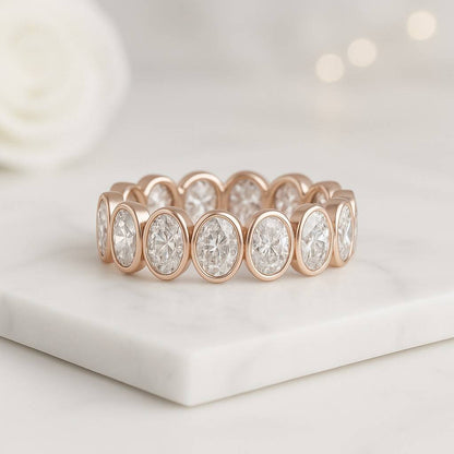 Oval Cut Moissanite Bridal Set Engagement Ring Oval Accent Stones and Gold Bezel Eternity Wedding Band Ring Set