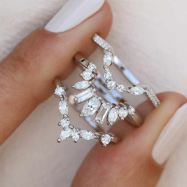 Curved Diamond Wedding Ring Marquise Stackable Ring for Engagement Ring Marquise Round Diamond Ring Unique Alternative Diamond Wedding Ring