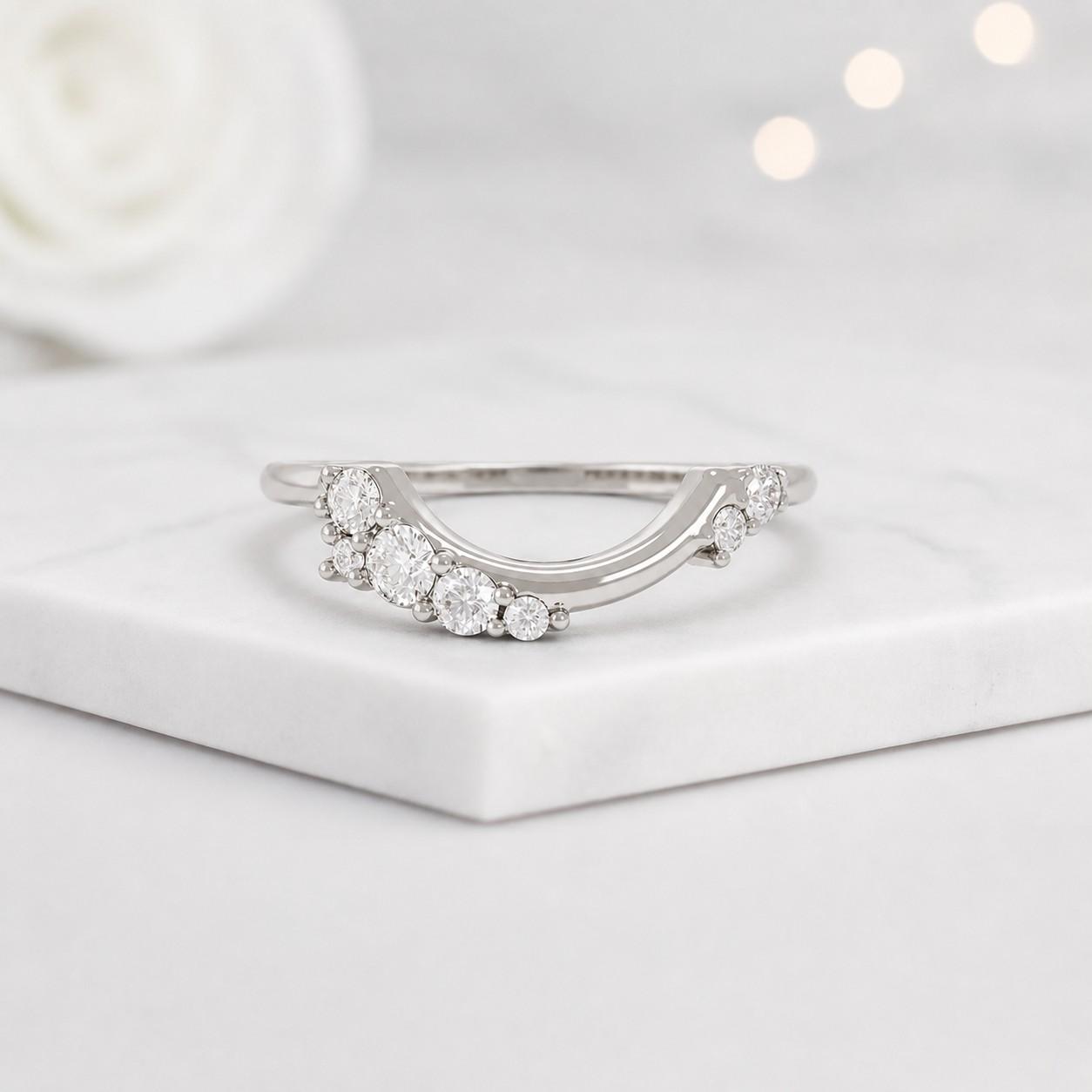 Curved Moissanite Wedding Band, Tiara Crown Contour Band, 14k Gold Nesting Ring, Dainty Stacking Band, Anniversary Gift for Her
