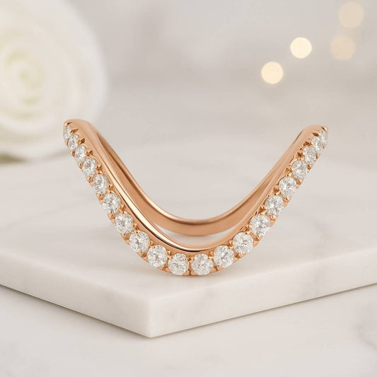 Curved Two Row Band Round Stackable Half Eternity Band 14K Solid Yellow Gold Wedding Band Ring