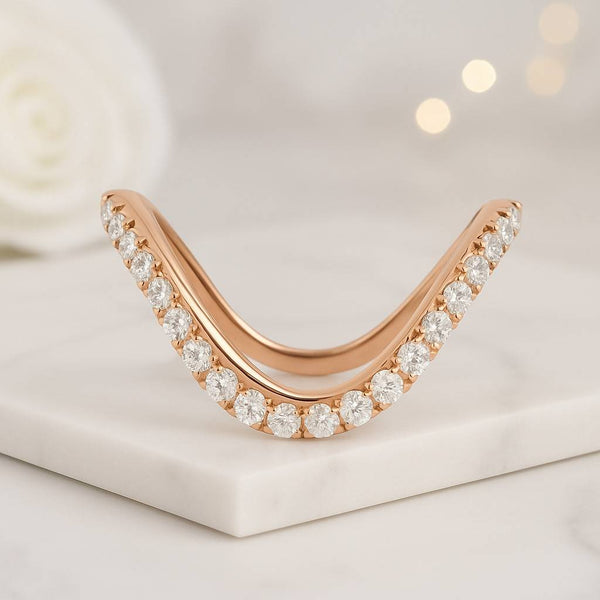 Curved Two Row Band Round Stackable Half Eternity Band 14K Solid Yellow Gold Wedding Band Ring