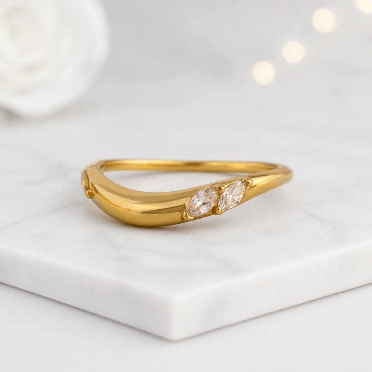 Curved Wedding Band, Yellow Gold, Rose Gold Over silver 925 Curved Stacking Band With marquise cut Moissanite Diamonds
