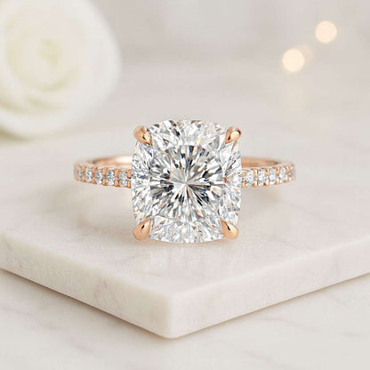 Cushion Cut Halo Engagement Ring in White Gold Cushion Cut Lab Diamond Ring Cathedral Wedding Ring for Women Pave Set Half Eternity Ring