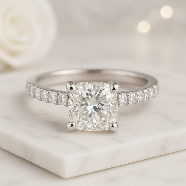 Cushion Cut Lab Grown Diamond Ring Solitaire Hidden Halo Engagement Ring