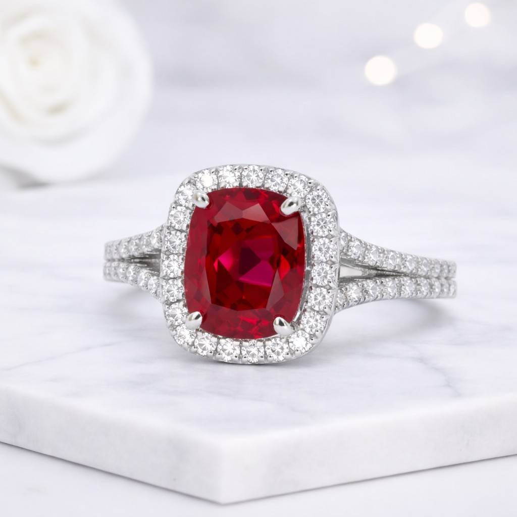 Cushion Red Ruby Birthstone Ring
14K White Gold Engagement Ring