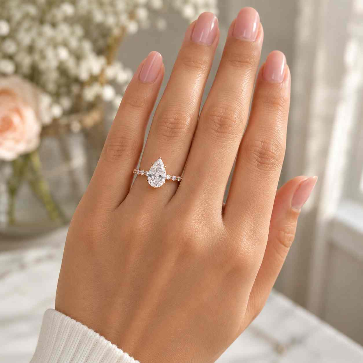 dainty pear lab grown diamond promise ring for her, diamond engagement ring for women,