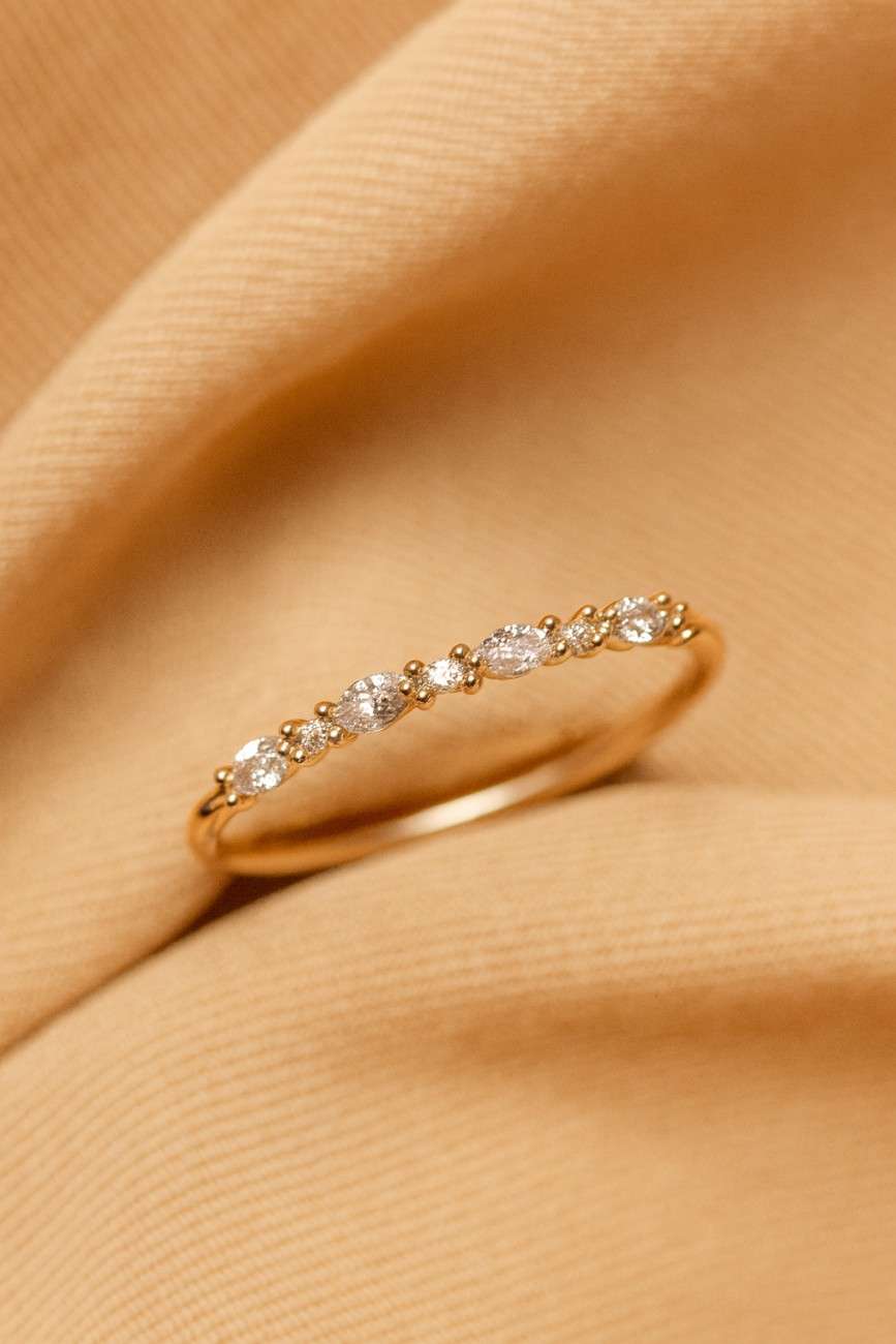 Diamond Bypass Ring 14k Solid Gold Curved Wedding Band Marquise Baguette Diamond Ring