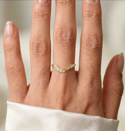 Diamond Curved Wedding band on Solid 14K Gold, Matching Boho Engagement ring shadow wedding band, Half Halo Stacking Diamond Band for Her
