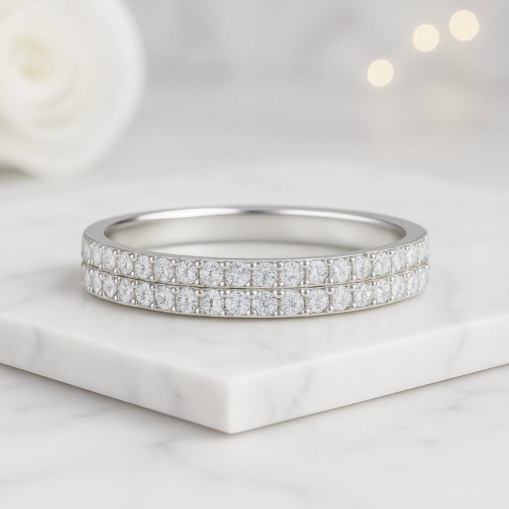 Diamond Double Band Wedding Ring Solid Gold Eternity Ring Womens Gold Band, Diamond Band Ring Two Row Band 14k Gold Marriage Ring