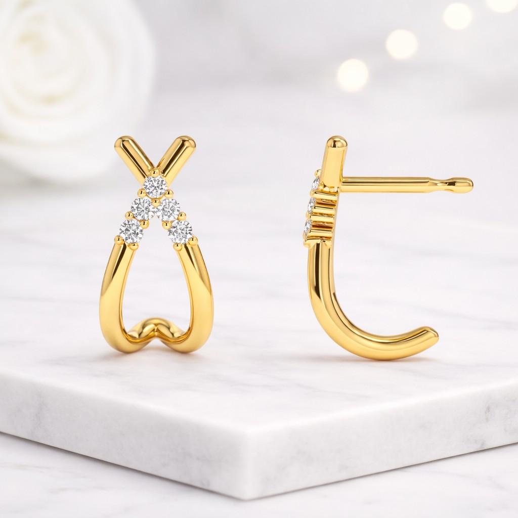 diamond earrings 14k gold crossover diamond hoop stud earrings 