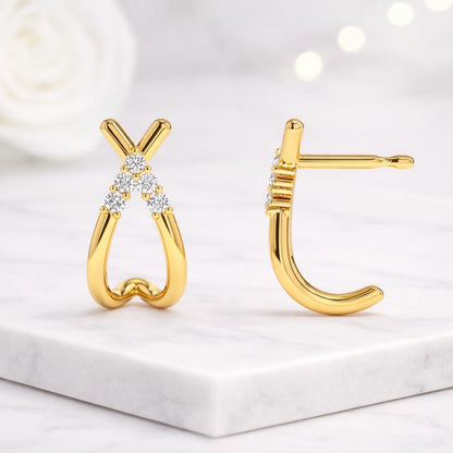 Diamond Earrings 14K Gold Crossover Diamond Hoop Stud Earrings 