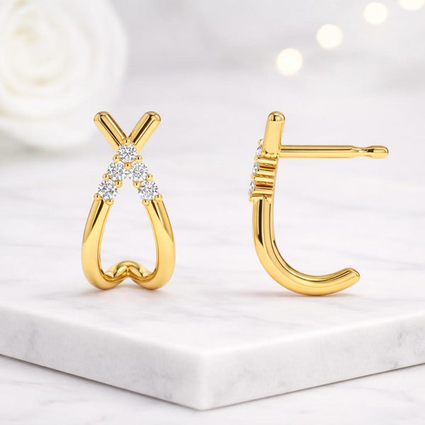 Diamond Earrings 14K Gold Crossover Diamond Hoop Stud Earrings 