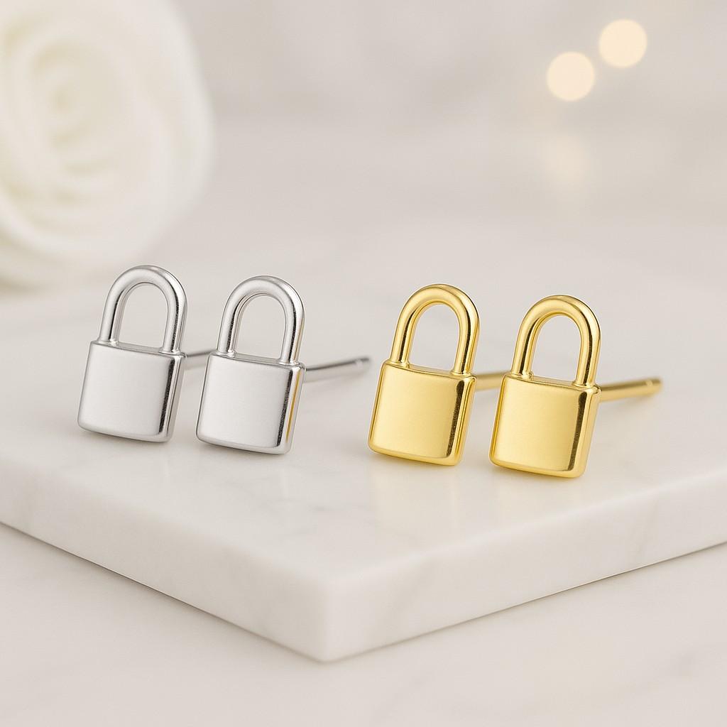 Diamond Lock Hoop Earrings, 14k Solid Gold Rectangle Huggies