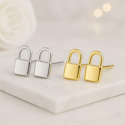 Diamond Lock Hoop Earrings, 14k Solid Gold Rectangle Huggies